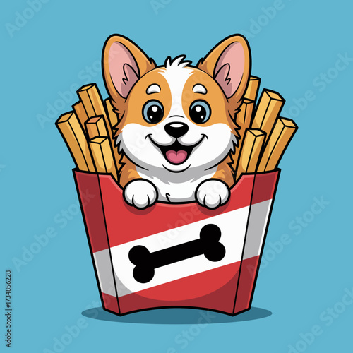 A happy corgi peeks out of a colorful box filled with French fries, showcasing a playful and whimsical scene perfect for pet lovers and food enthusiasts.