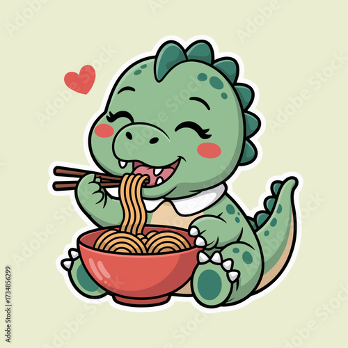 This adorable dinosaur character is happily eating noodles, showcasing cute features and vibrant colors that evoke feelings of joy and playfulness in viewers.