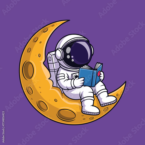 An astronaut is comfortably seated on a crescent moon while reading a book, blending science fiction and tranquility in a vibrant cartoon style that's inspiring and whimsical.
