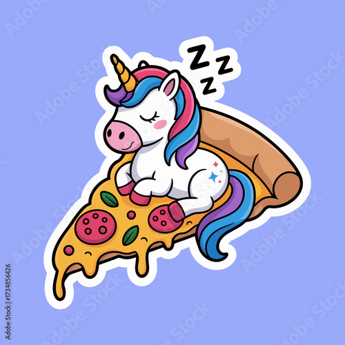 A cute unicorn peacefully naps on a slice of delicious pizza, blending the whimsical nature of fantasy and food, creating a delightful imagery of dreams.