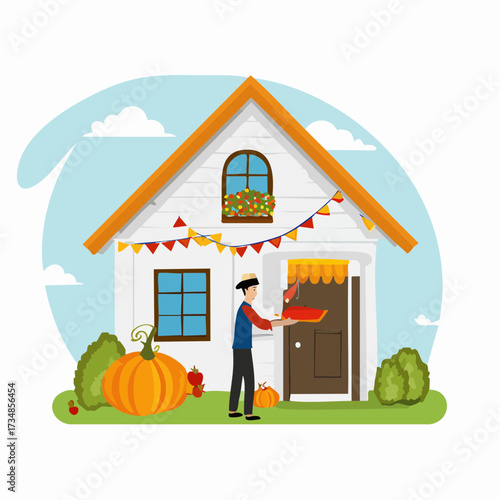 Autumn Delivery A Cheerful Scene of a Delivery Person at a Cozy Home with Pumpkins and Decorations