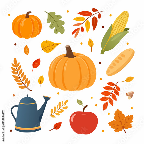 Vibrant collection of autumn harvest elements, including pumpkins, colorful fallen leaves, sweet corn, and an apple, perfect for seasonal designs and festive celebrations
