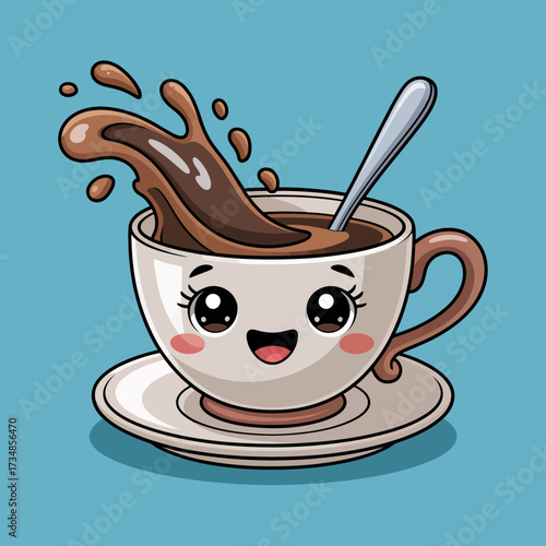 A charming depiction of a smiling coffee cup with a splash of coffee, capturing the joy of a morning brew and the delight of a well-loved beverage in a playful style.