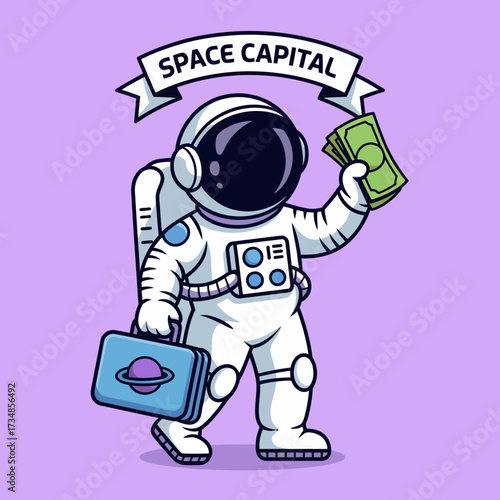 An astronaut holds cash and a briefcase with a space-inspired design, representing ambition and the whimsical side of finance in a playful galactic setting.