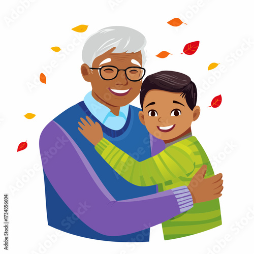 A Heartwarming Embrace Grandfather and Grandson Sharing a Loving Moment Amidst Autumn Leaves