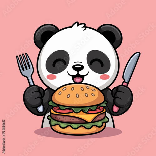 This adorable panda cartoon holds a giant hamburger with a joyful expression, showcasing a love for food and a carefree attitude, perfect for food lovers.