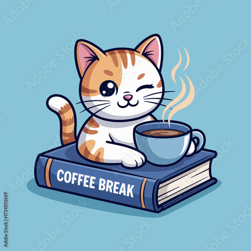 An endearing image of a relaxed cat perched on a book, sipping coffee, perfectly illustrating the cozy moments of leisure and enjoyment in everyday life.
