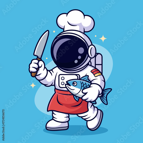A whimsical cartoon image of an astronaut dressed as a chef, holding a fish in one hand and a knife in the other, set against a bright blue background to emphasize creativity.