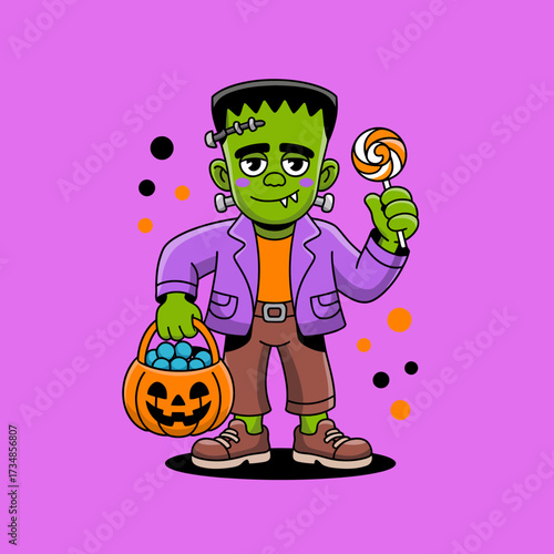 An entertaining illustration of a young Frankenstein character holding a lollipop and a candy bucket, capturing the whimsical spirit of Halloween with a playful twist.