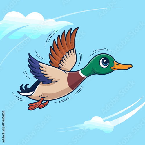 A lively duck is soaring through a bright sky, demonstrating its vibrant colors and dynamic movement in a scene filled with fluffy clouds and the thrill of flight.