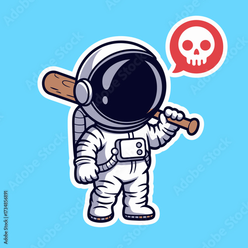 An intriguing astronaut character holding a bat symbolizes a blend of adventure and humor in space, creatively illustrated with vibrant colors and an engaging style that captures attention.