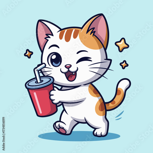 A cute cat playfully winking while holding a soda represents joy and liveliness, making it a delightful image for cat lovers and anyone who enjoys playful illustrations.