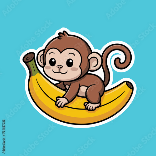 An adorable cartoon monkey happily perched on a bright yellow banana, symbolizing playfulness and childhood joy, capturing the heartwarming bond between animals and fruit.
