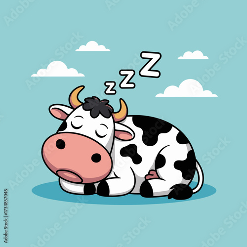A charming cartoon cow peacefully sleeping against a bright blue sky dotted with fluffy clouds, embodying tranquility, serenity, and the simple joys of farm life.