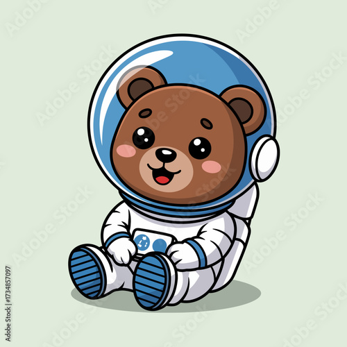A friendly bear in an astronaut suit sits contentedly in the cosmic realm, radiating warmth and happiness while embodying the spirit of curiosity and friendship amongst the stars.