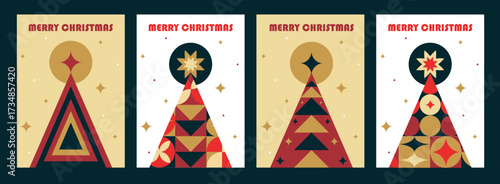 Christmas tree card set with modern abstract geometric vertical design for a4