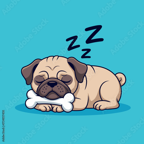 This heartwarming illustration features a peacefully sleeping pug, clutching a bone, embodying tranquility and comfort in a relaxed and cozy environment.