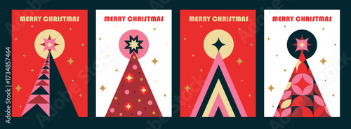 Set of Christmas tree cards with modern abstract geometric vertical design for a4