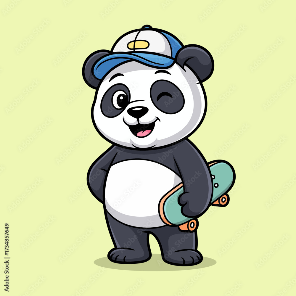 Naklejka premium This delightful illustration features a playful panda wearing a cap, winking and confidently holding a skateboard, embodying fun, youthfulness, and adventure in a vibrant style.