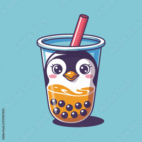 An adorable illustration of a penguin-themed boba drink, featuring a cute face, inviting design, and colorful bubbles that are sure to delight anyone who loves fun drinks.