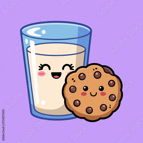 A cheerful cookie and a glass of milk sharing a delightful moment together, capturing the essence of a comforting snack. This illustration evokes feelings of happiness and nostalgia.