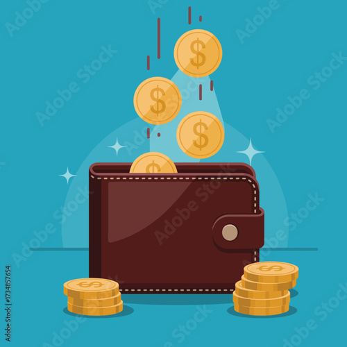 A stylish wallet with dollar coins cascading from it, symbolizing financial growth and prosperity. This illustration represents saving and wealth accumulation in a vibrant style.