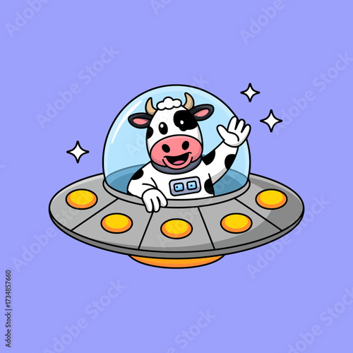 A cheerful cartoon cow in a UFO happily waving, surrounded by space sparkles, blending humor and creativity in a fun visual that captures the imagination of viewers everywhere.