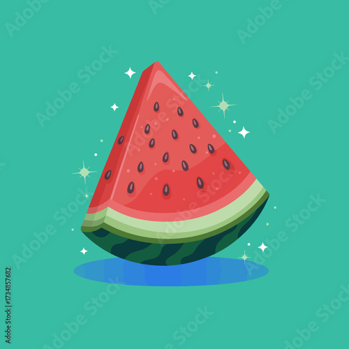 This vibrant illustration showcases a juicy slice of watermelon adorned with sparkling elements, capturing the essence of summer freshness and thirst-quenching delight.