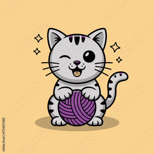 An excited gray cat sits surrounded by a purple yarn ball, showcasing its playful nature and love for toys, expressing pure delight and charm.