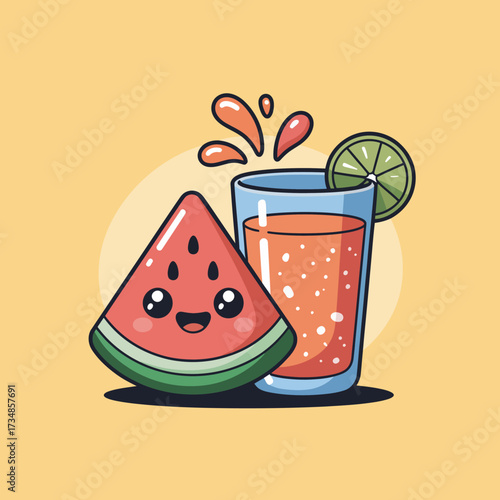 This delightful illustration captures a cheerful watermelon slice beside a refreshing glass of juice, emphasizing fruity goodness and summer vibes.