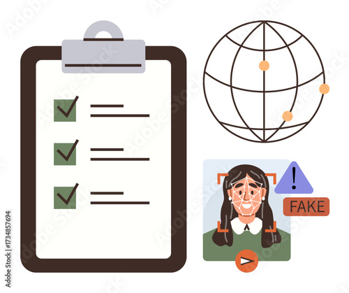 Checklist with green marks, global network illustration, deepfake detection with human face analysis. Ideal for cybersecurity, AI ethics, technology, data privacy, identity verification, online