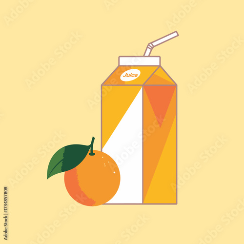 An enticing orange juice carton accompanied by a fresh orange sits against a soft yellow backdrop, evoking feelings of refreshment and sunshine, perfect for summer days.