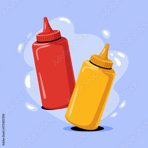 This playful image features two squeeze bottles, one red and one yellow, representing ketchup and mustard, perfectly illustrating the fun and flavor of fast food culture.
