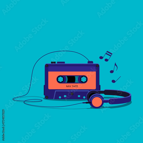 A vibrant mix tape cassette with headphones and music notes represents nostalgia and love for retro music, perfect for showcasing creativity and the joy of listening to tunes.