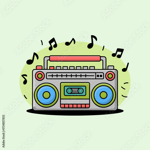 This playful illustration features a retro boombox surrounded by musical notes, capturing the essence of fun and nostalgia from past music eras.