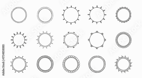 A collection of fifteen minimalist, hand-drawn circular frame designs featuring dotted, rope, and starburst decorative elements for logos or badges