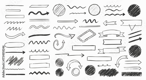 A collection of hand-drawn graphic elements including arrows, banners, circles, and lines, ideal for design accents