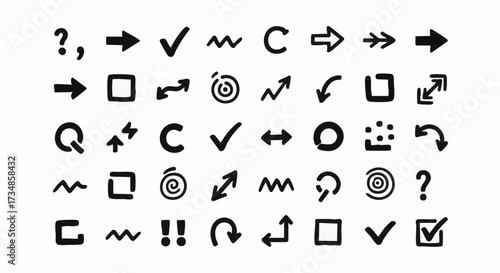 A diverse collection of hand-drawn doodle icons, including arrows, checkmarks, and various geometric shapes