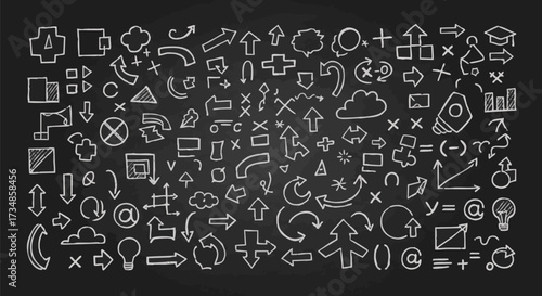 A diverse collection of hand-drawn white chalk icons and arrows scribbled across a black chalkboard texture, perfect for concept design