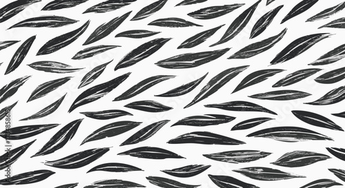 A hand-drawn seamless pattern showcasing abstract black leaf-like brush strokes on a crisp white background