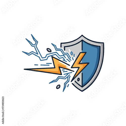 A cybersecurity vector illustration of a shield with a lightning bolt striking it, symbolizing protection against cyber threats in a bold and modern graphic design.