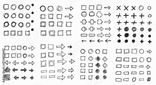 A large set of hand-drawn doodle icons, including circles, squares, arrows, crosses, and dots