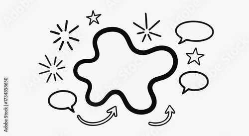 A hand-drawn style illustration of a splash shape surrounded by speech bubbles, stars, and arrows
