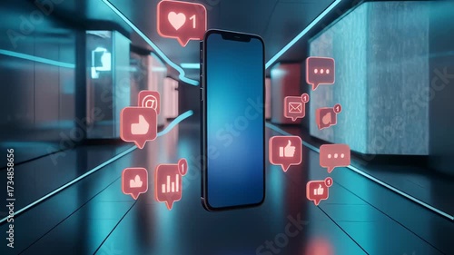 Smartphone stands in neon tunnel while social pings icons float, creators push social pings campaigns and users chase rising social pings numbers. concept digital engagement