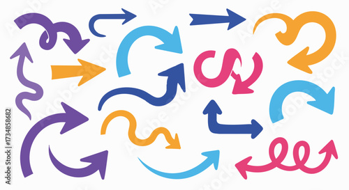 A playful assortment of colorful hand-drawn arrows in various styles and directions, isolated on white