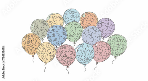 A playful hand-drawn cluster of colorful pastel balloons featuring abstract doodle patterns like swirls and arrows
