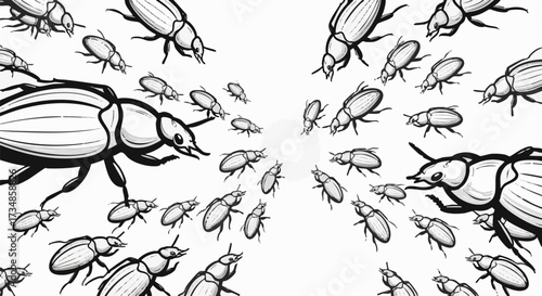 A swarm of detailed black and white beetles approaches from all sides, creating a dynamic and slightly unsettling scene against a plain background