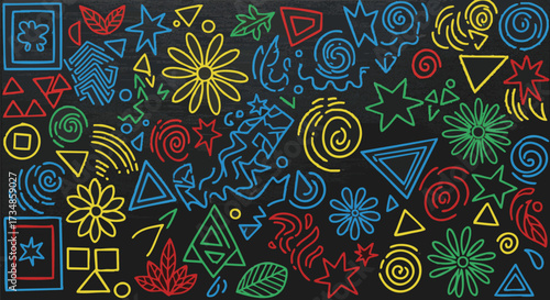 A vibrant, playful hand-drawn doodle pattern features colorful abstract shapes, stars, flowers, and spirals on a dark background