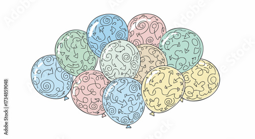 A whimsical cluster of pastel-colored balloons, each adorned with hand-drawn arrows and swirling lines
