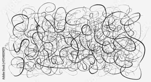 Abstract background with black tangled lines on white. It represents complexity, connection, and busy thoughts. Ideal for conceptual design projects